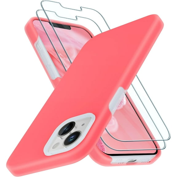 for iPhone 13 Case, iPhone 14 Case, Upgraded Silicone Phone Case with [2 Screen Protector], Soft Anti-Scratch Microfiber Lining Inside, 6.1 inch, Coral Pink