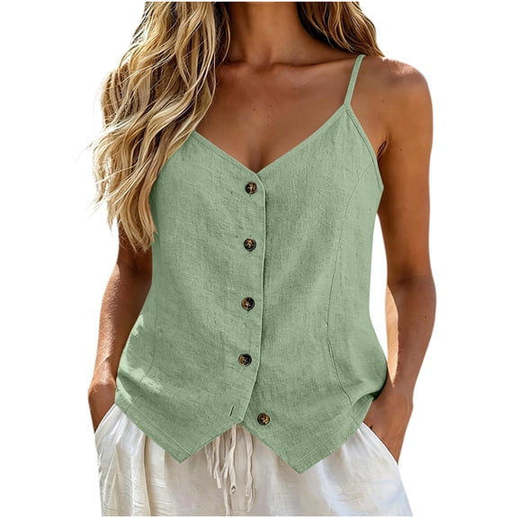 TEAJOPSUU Womens Cotton Blend Camisole Tops Spaghetti Straps Adjustable Straps V Neck Cami Shirts Button Down Solid Cami Tank Tops Mint Green