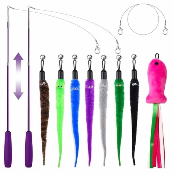 Cat Toys for Indoor Cats,11PCS Interactive Cat Toy Wand Pack,2 Retractable Cat Wand & 7PCS Worm Teaser Refills,Plush Fish Kitten Toys,Cat Feather Fishing Pole Toy for Play Chase Exercise