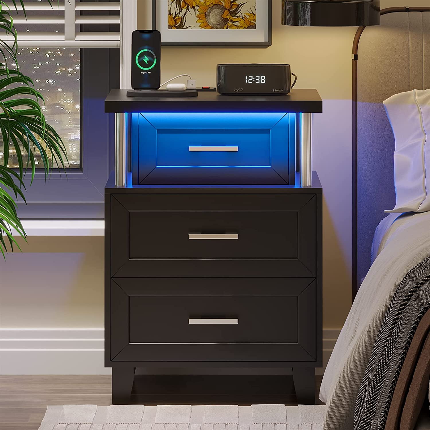 LED Nightstand with Charging Station, RGB Lights Night Stand for ...