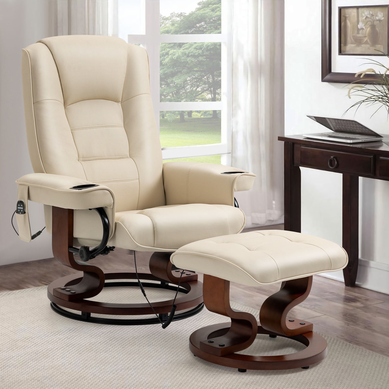 AVAWING Massage Recliner Chair with Ottoman, 360° Swivel PU Leather Reclining Chair, Beige