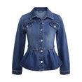 thumbnail image 6 of Womens Jeans Jacket Pleated Ruffles Hem Lapel Button Down Waist Cinching Denim Jacket Outerwear, 6 of 7