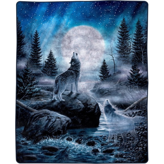 Kuscheln Wolf Blanket - Printed Howling Wolf Moon Blanket, Gift for Wolf Lovers, Plush Thick Queen Throw for Couches, Sofas, or Beds (Blue)