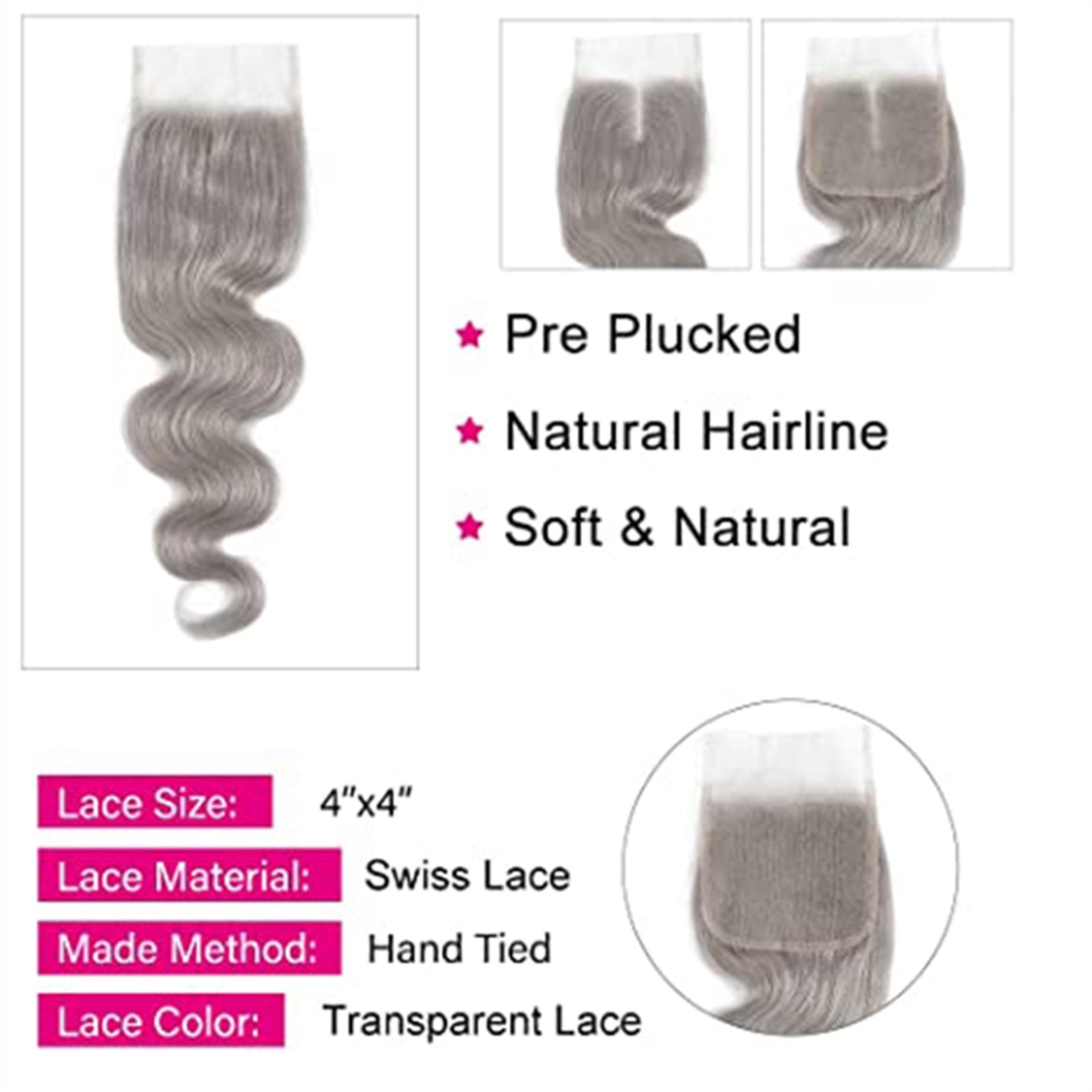 Body Wave Bundle With Closure Silver Grey Color 3 Bundles With Closure Gray Brazilian Remy 100% Human Hair Bundles