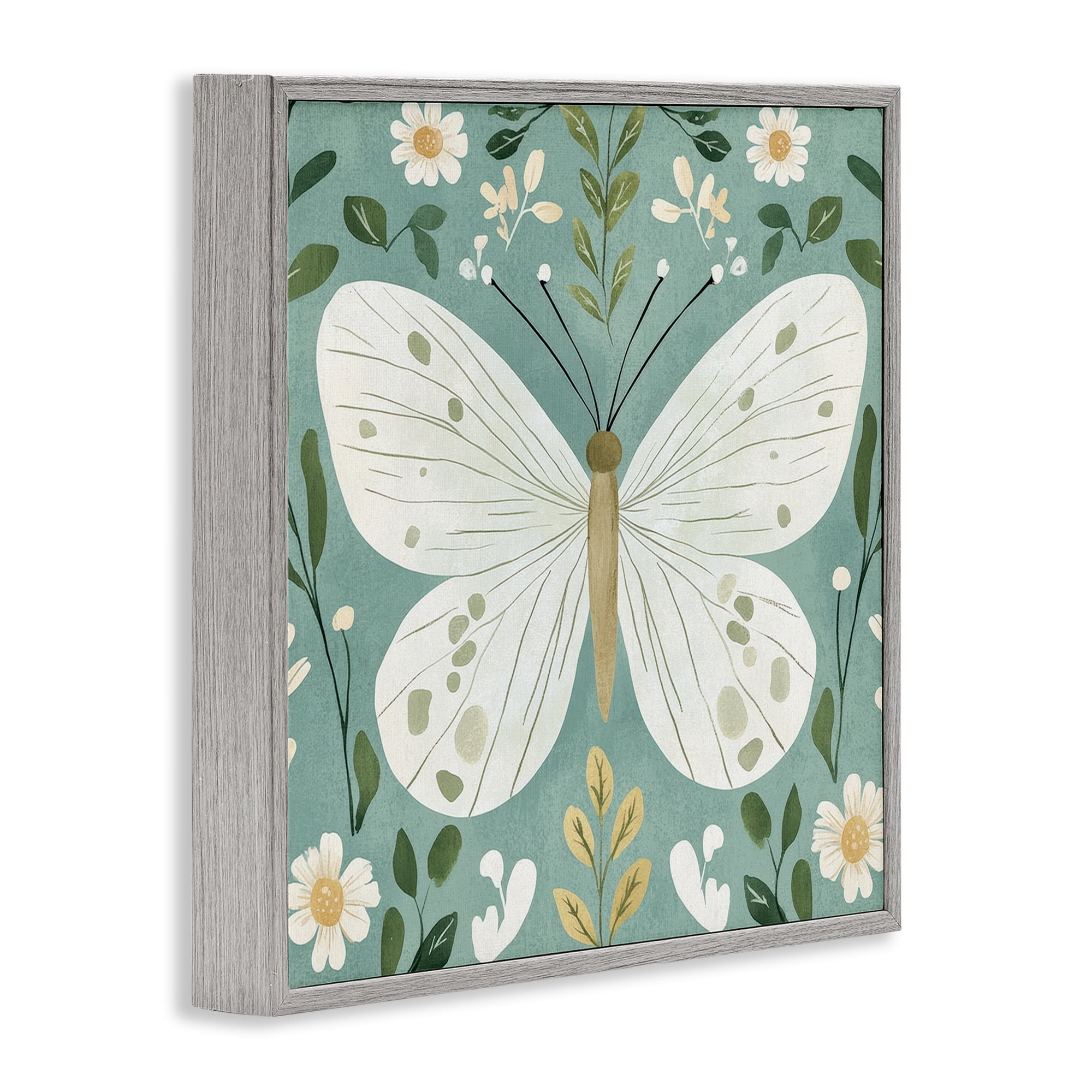 Stupell Industries Teal Butterfly Garden with Daisies Gray Framed Giclee Art, design by Petal Prints Design