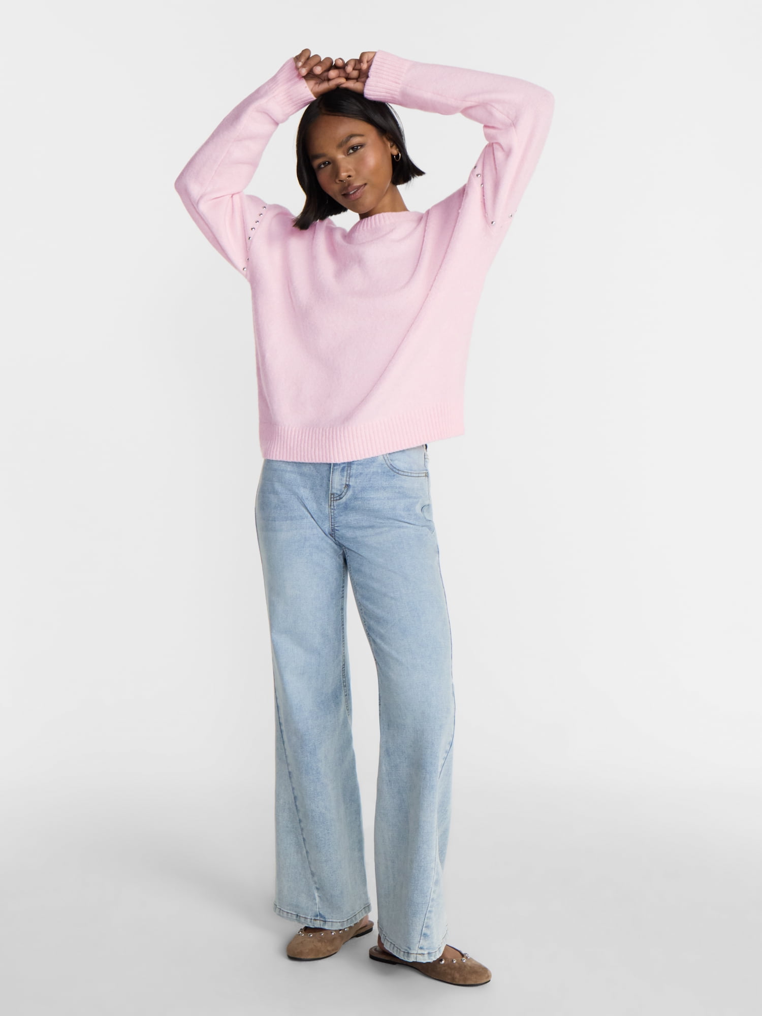 No Boundaries Studded Sweater, Lightweight, Women's and Women's Plus XXS-XXL