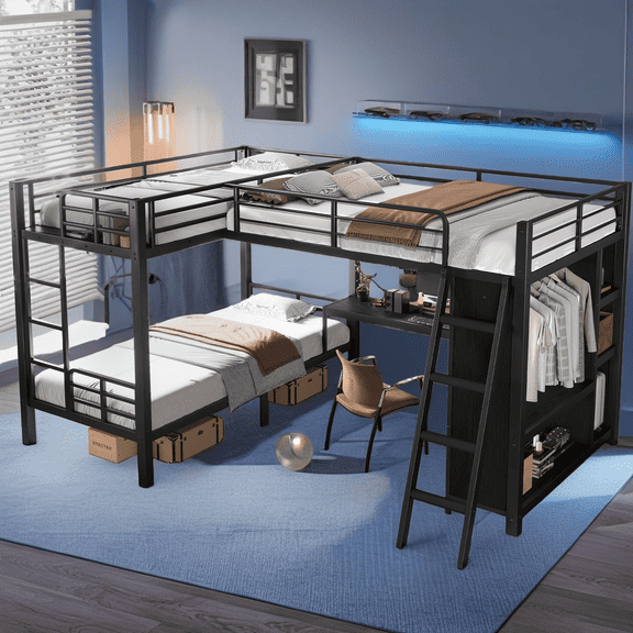 L-Shaped Triple Bunk Bed with Desk & Wardrobe, Twin XL over Twin XL & Full Loft Bed, Space-Saving Metal Bunk Bed for Shared Rooms & Multi-Sleeper, Black
