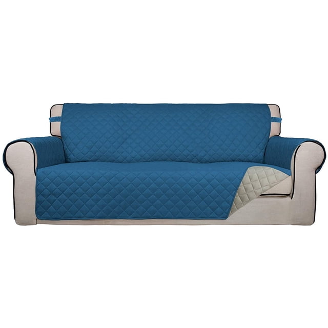 Housse de Sofa Matelassée Réversible, Protège-Meubles Résistant à l'Eau, Housse de Canapé Lavable avec Mousse Antidérapante et Sangles Élastiques pour Enfants, Animaux (Sofa, Bleu Paon/beige)