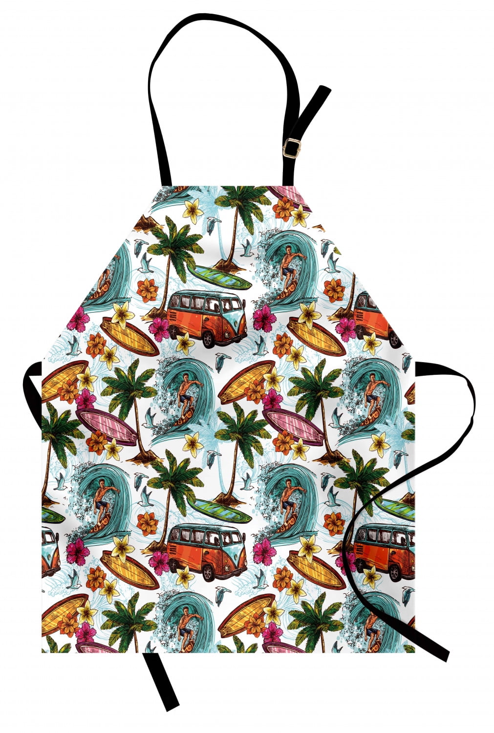 Ocean Apron Hawaiian Surfer on Wavy Deep Sea Retro Style Palm Trees