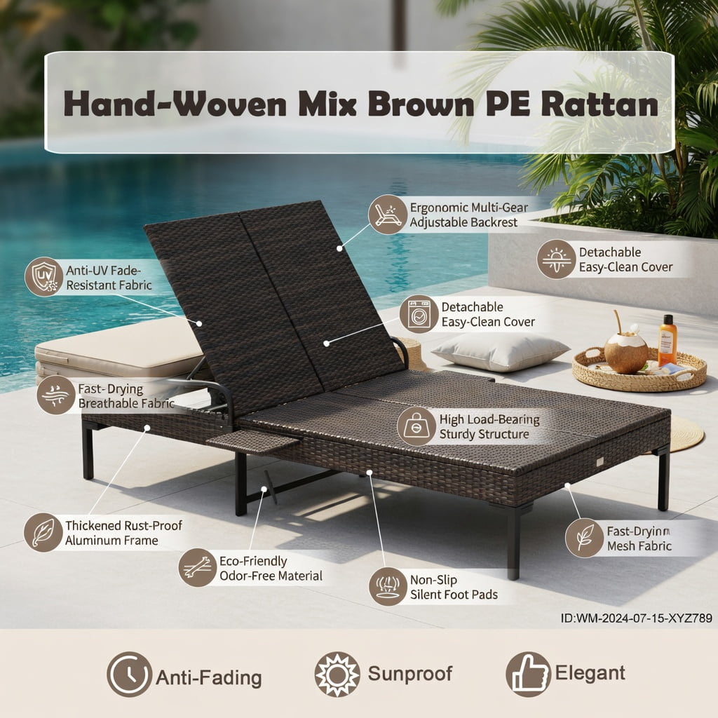 Hommoo Double Chaise Lounge with Adjustable Backrest, Retractable Canopy & Folding Side Tables, PE Rattan Patio Lounger for Backyard, Poolside & Deck, Brown
