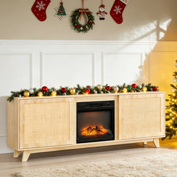 Ktaxon Modern 70" Fireplace TV Stand with 18in Electric Heating Mantel for 65/70/75 TVs, Entertainment Center with 2 Rattan Doors Storage, Natural Wood
