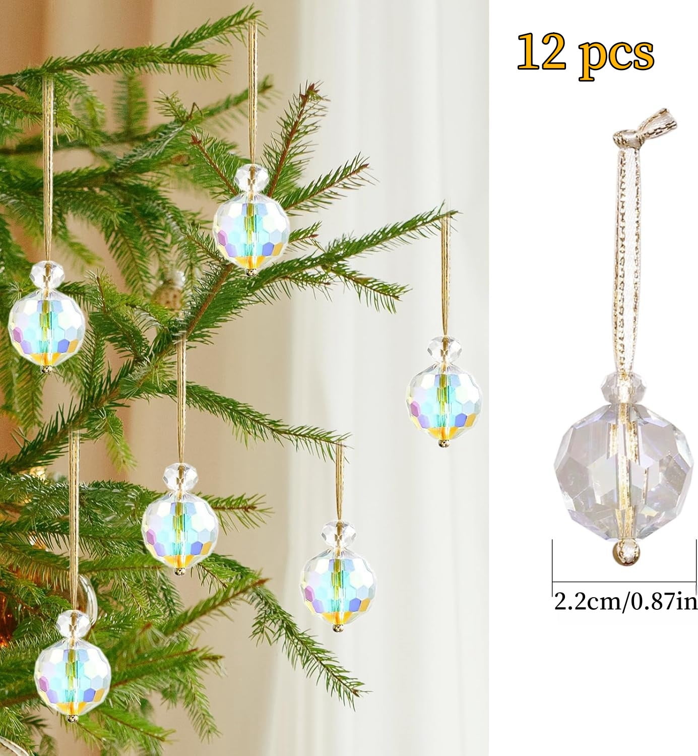 12 Pcs Christmas Crystal Ball Ornaments,Mini Colorful Glass Prism Balls,Hanging Crystal Balls for Xmas Tree Decorations,Crystal Ornament Balls for Christmas Wedding Party Decor,White