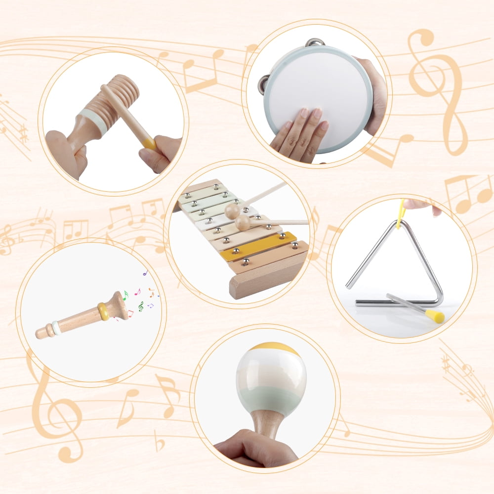 iFLOVE Baby Musical Instruments Set for Toddlers, Montessori Wooden Toys with Xylophone, Tambourine, Maracas, Neutral Color Music Toys for Kids 1-3