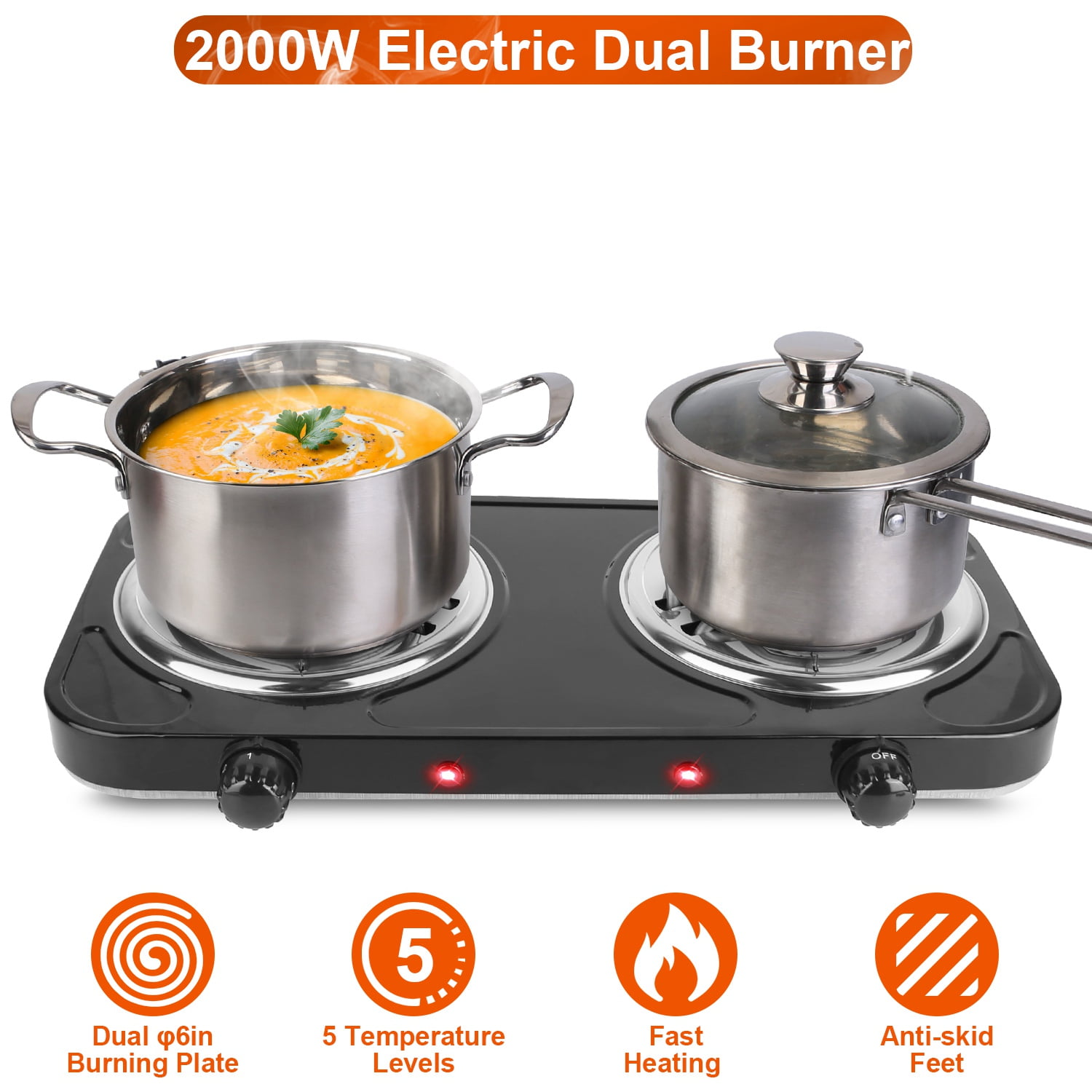Electric Countertop Double Burner 2000W Portable Coil Heating Hot Plate Stove 5 Level Temperature Control with Non Slip Rubber Feet Easy to Clean Black