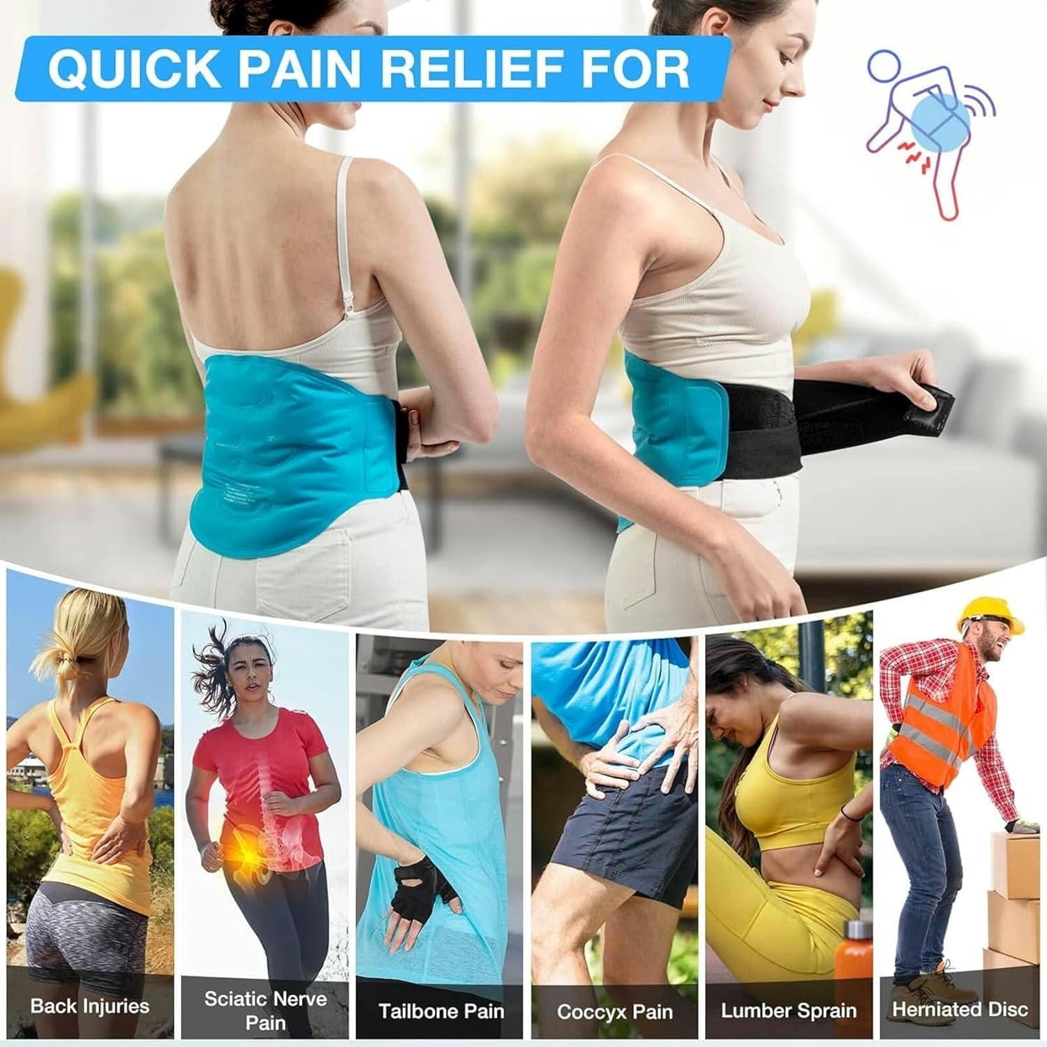 GXCZ Ice Pack for Back Pain Relief, Reusable Gel Back Ice Pack with Dual Straps, Cold Compress Therapy for Waist Lumbar Injuries Sciatic Nerve Herniated or Degenerative Disc Coccyx Tailbone Pain