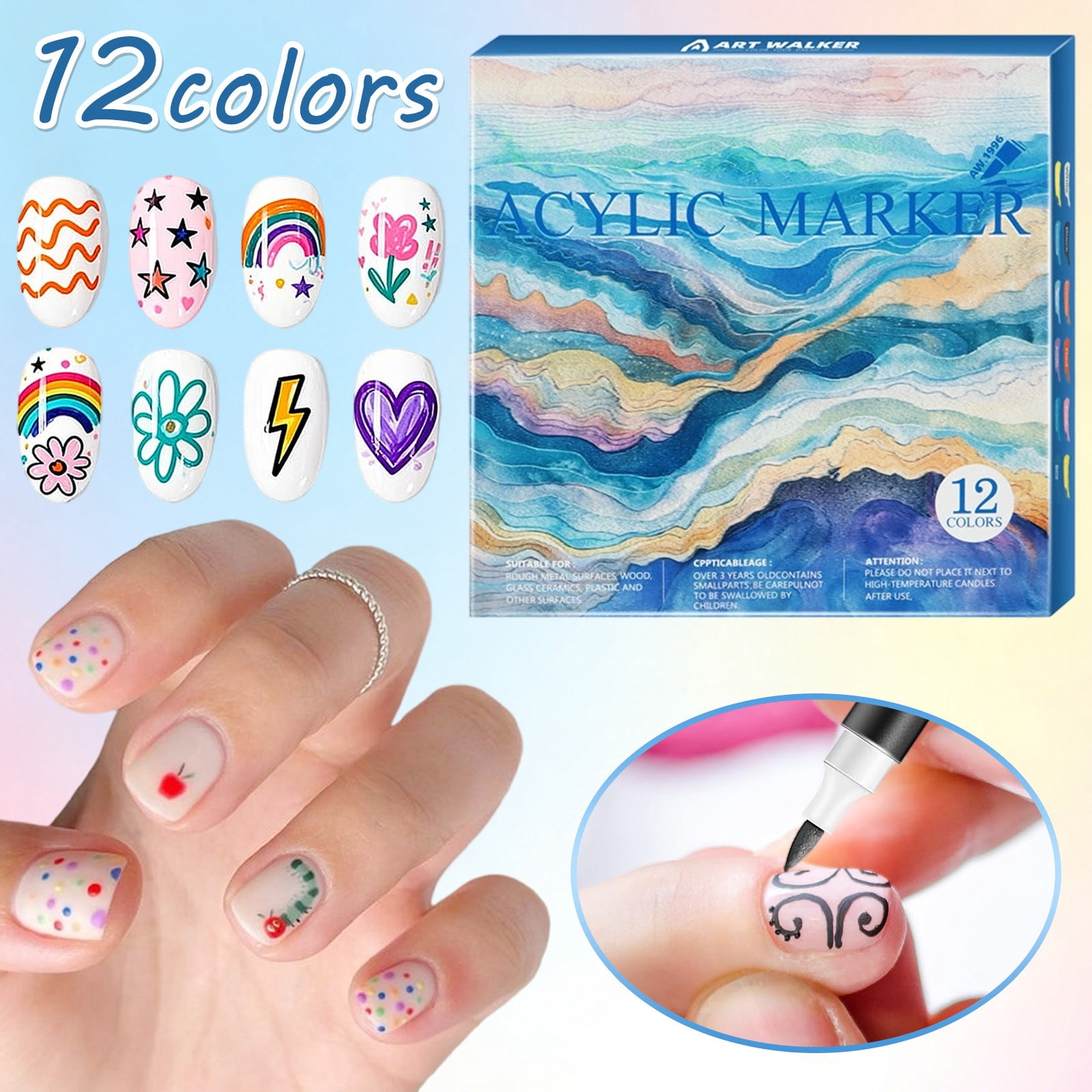 WEGFTDUOP 12 Colors Nail Art Pens - Waterproof Acrylic Paint Markers Drying Nail Tools For DIY Patterns Precision Tip For Beginners And Professionals 12ml