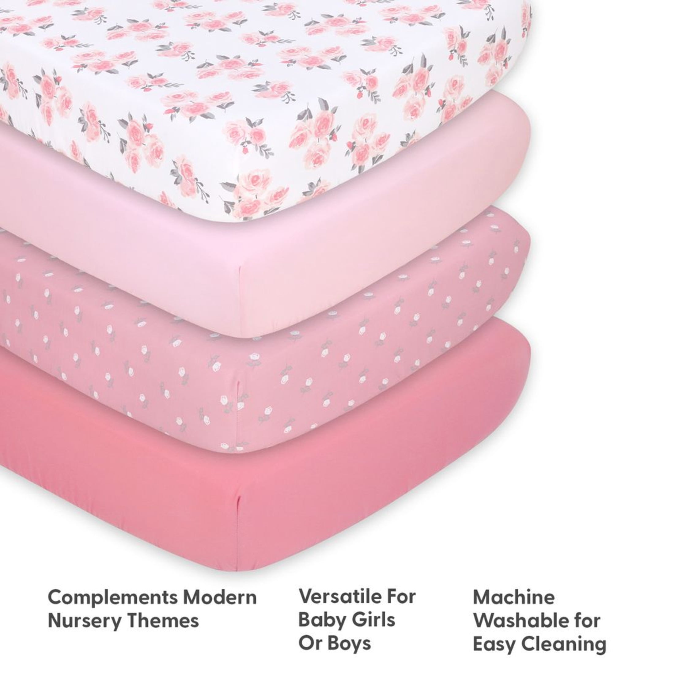 The Peanutshell Fitted Crib Sheet Set for Baby Girls, Pink Roses and Floral, 4 Pack Set