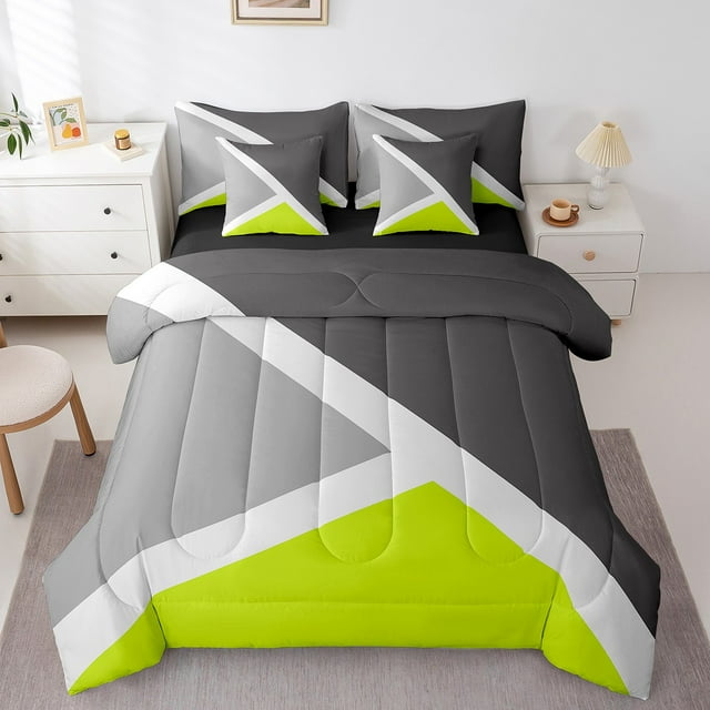YST Lime Green And Gray 7-Piece Patchwork Geometry Bedding Set, Twin, Geometric Triangle Pattern