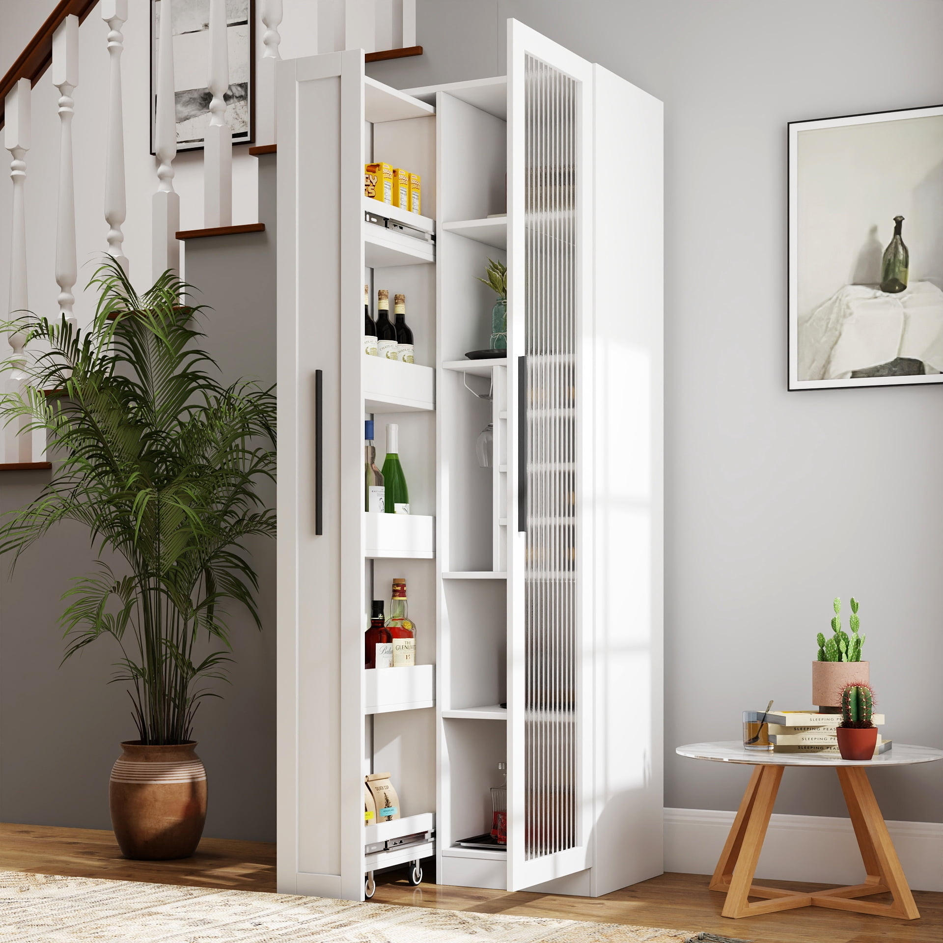 Mintazer 70.87" Slim Farmhouse Kithen Pantry Cabinet with Pull-out Storage Shelves, Freestanding Kichen Cupboard with 2 Doors,Wine Organizer for Dining Room, Living Room, White