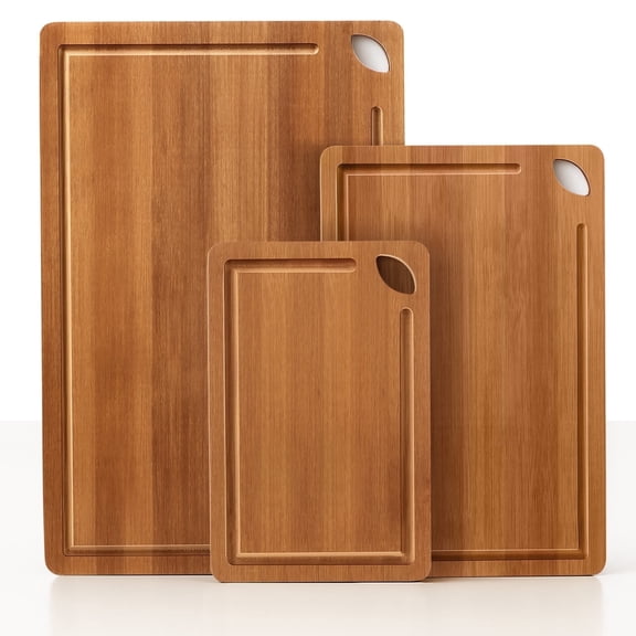 Vesteel 3-Pieces Wood Cutting Board, Bamboo Chopping Board Set for Kitchen with Deep Juice Groove, Wooden Charcuterie Board for Meat Vegetables and Fruits, Brown