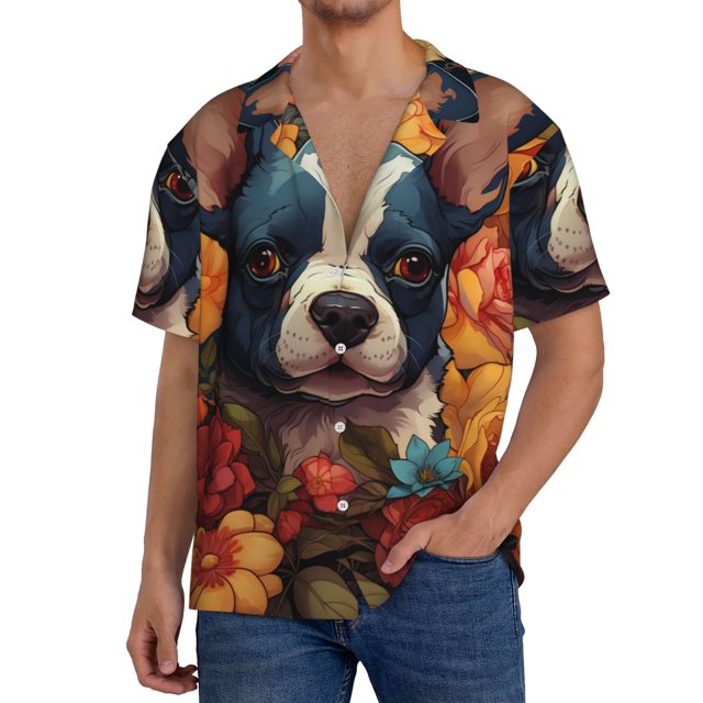Fotbe Cute Colorful Flower French Bulldog Camisa Estampada de Manga Corta para Hombre, Casual de Verano, Estilo Playero, Sin Arrugas-X-Large
