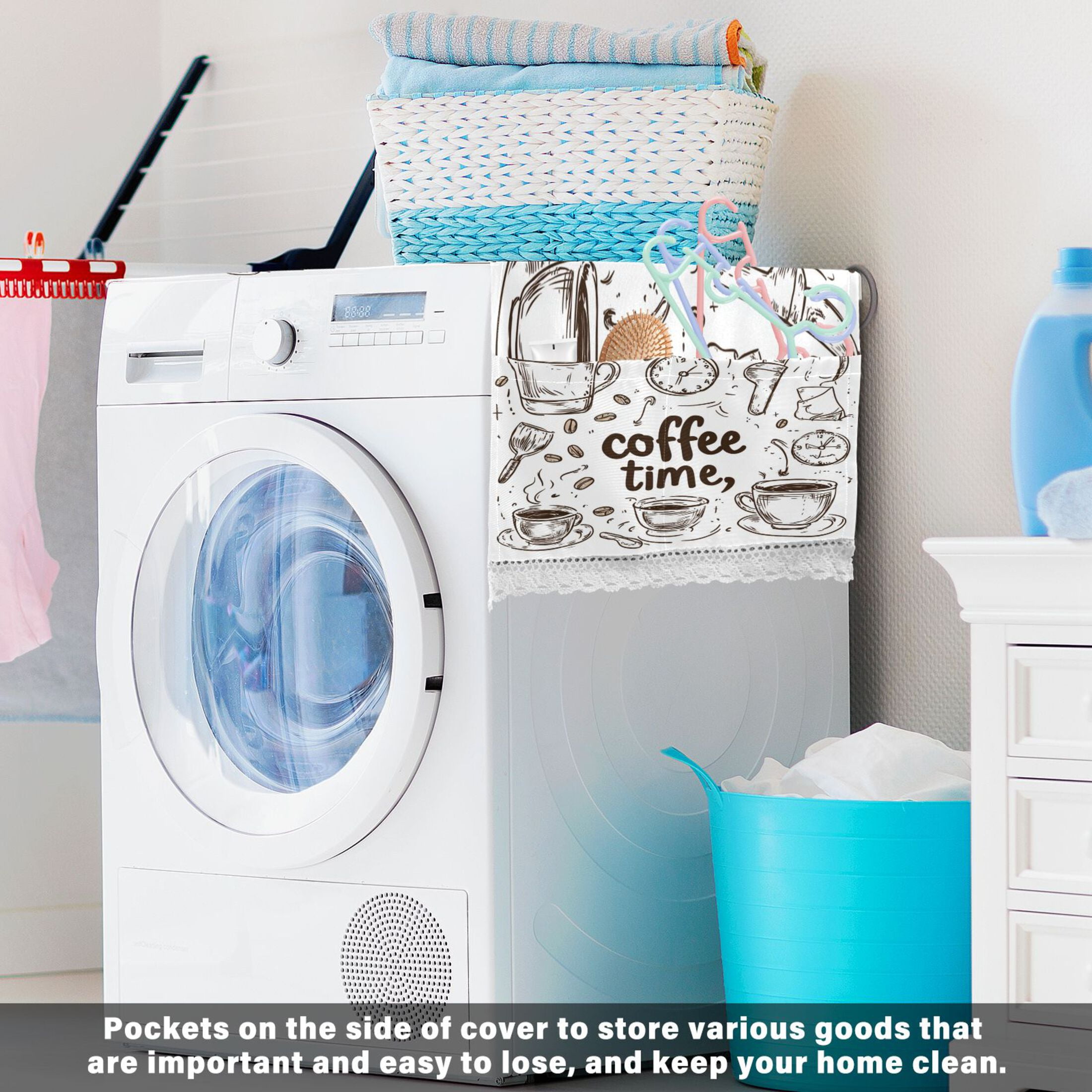 Coffee Time NowWasher and Dryer Covers Dust-Proof and Oil Resistant Fridge Cover with 4 Storage Pockets Washing Machine Top Cover for Laundry Kitchen Home 51.2 x 22 In