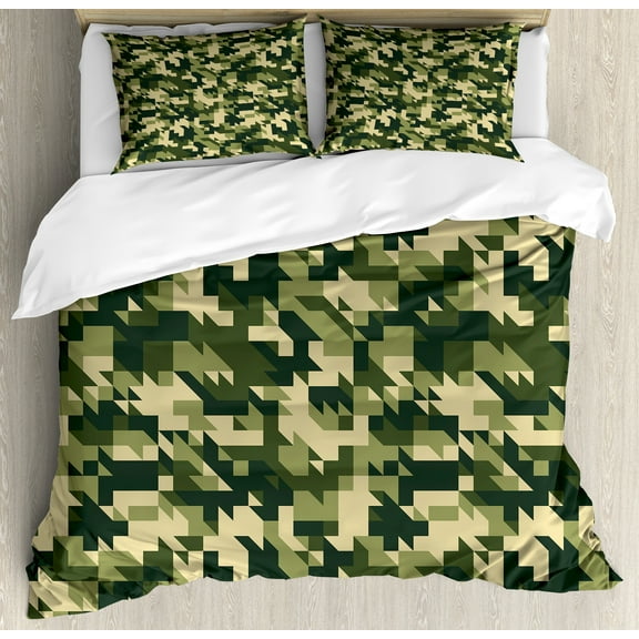 Camo Duvet Cover Set, Abstract Camouflage in Forest Colors Jungle Environment Chevron, Decorative 3 Piece Bedding Set with 2 Pillow Shams, Calking Size, Pale Green Dark Green, by Ambesonne