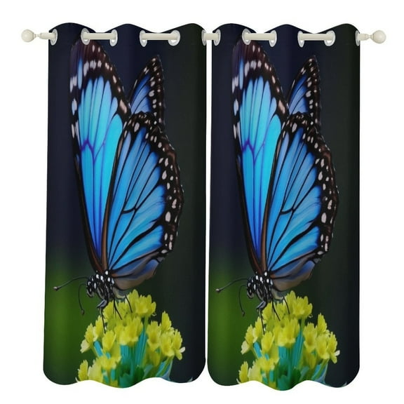 Blue Butterfly Floral Print-1 2 Panels Blackout Curtains for Bedroom Living Room Drapes Kitchen Room Window Blackout Curtain Grommet