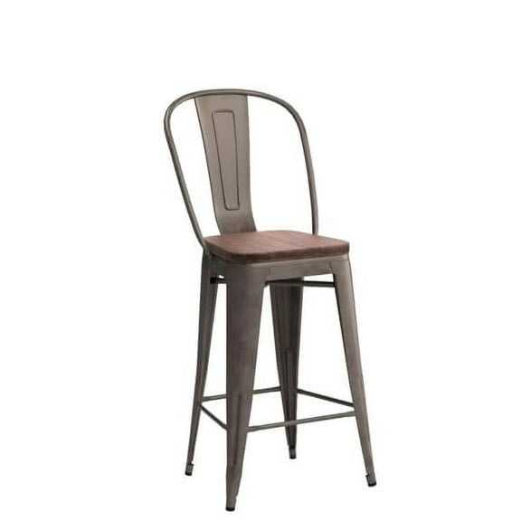 HAOBO Home 26" High Back Metal Counter Stool Height Bar Stools with Wooden Seat [Set of 4], Bronze