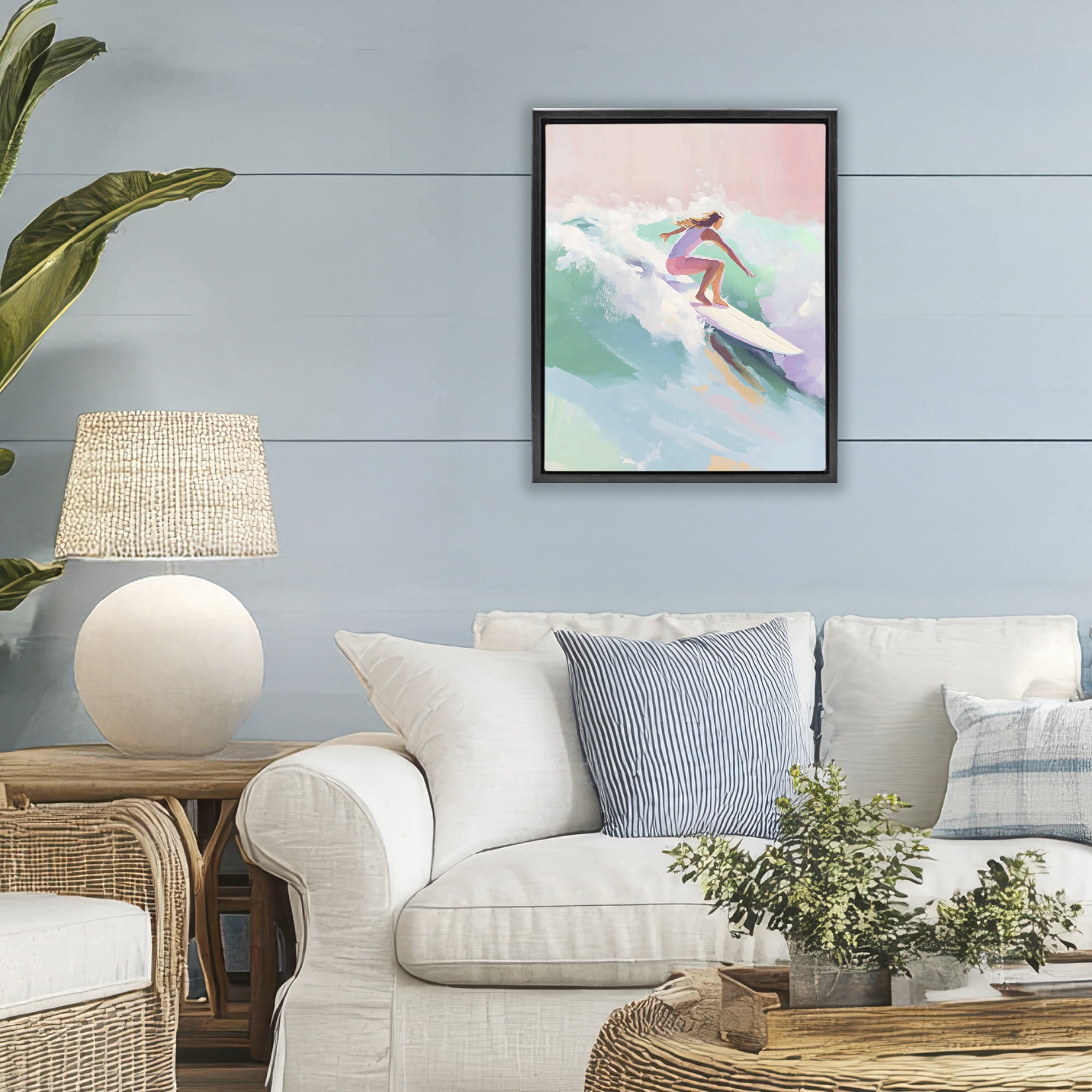Stupell Industries Surfer Girl Riding Waves Black Framed Floater Canvas Wall Art, design by The Prints Vibe
