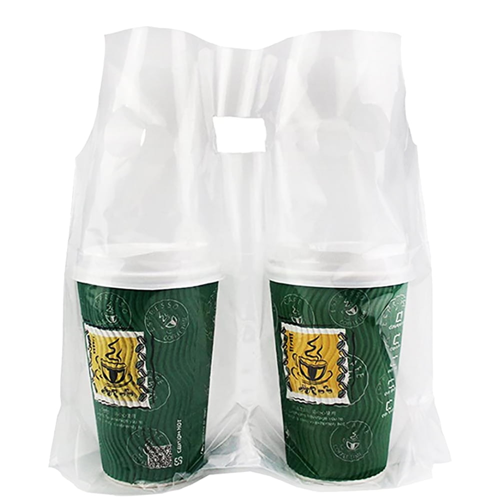 (Price/100 PCS)100 PCS 2Cup TakeOut Bags Clear Handle Drink Carrier