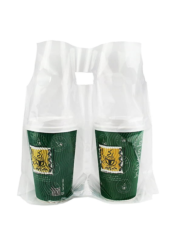 (Price/100 PCS)100 PCS 2-Cup Take-Out Bags Clear Handle Drink Carrier Drinking Plastic Packaging Bags -10.25 Inch
