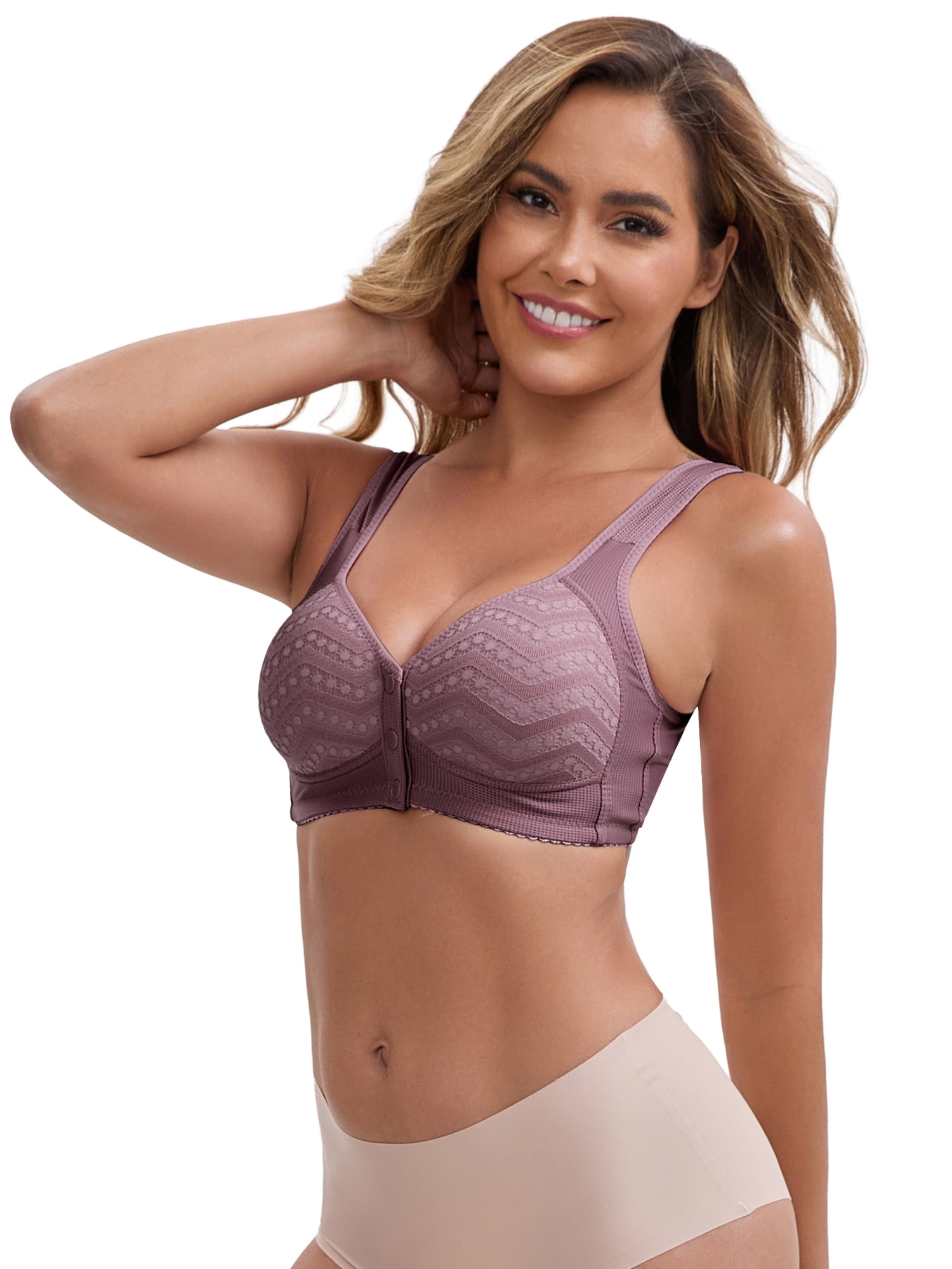 DARING DIVA Women's Lace Front Closure Push Up Wide Strap Bra S Dark Purple