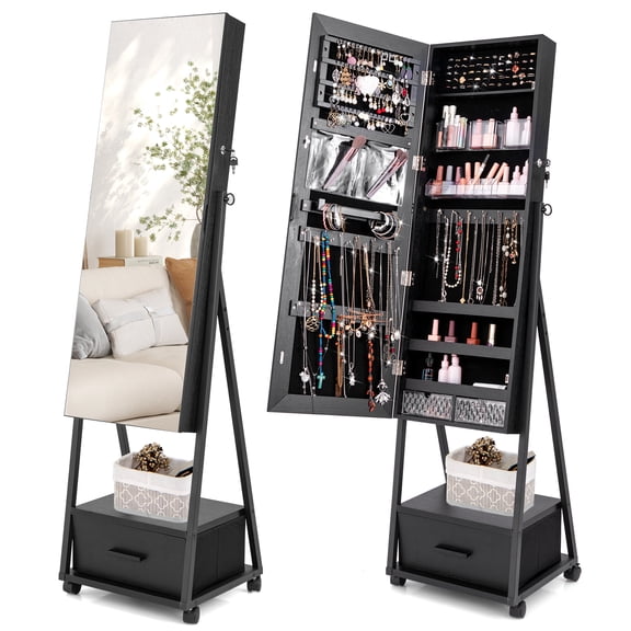 Giantex Freestanding Jewelry Cabinet, Jewelry Makeup Storage Organizer, Mobile Jewelry Armoire, Black