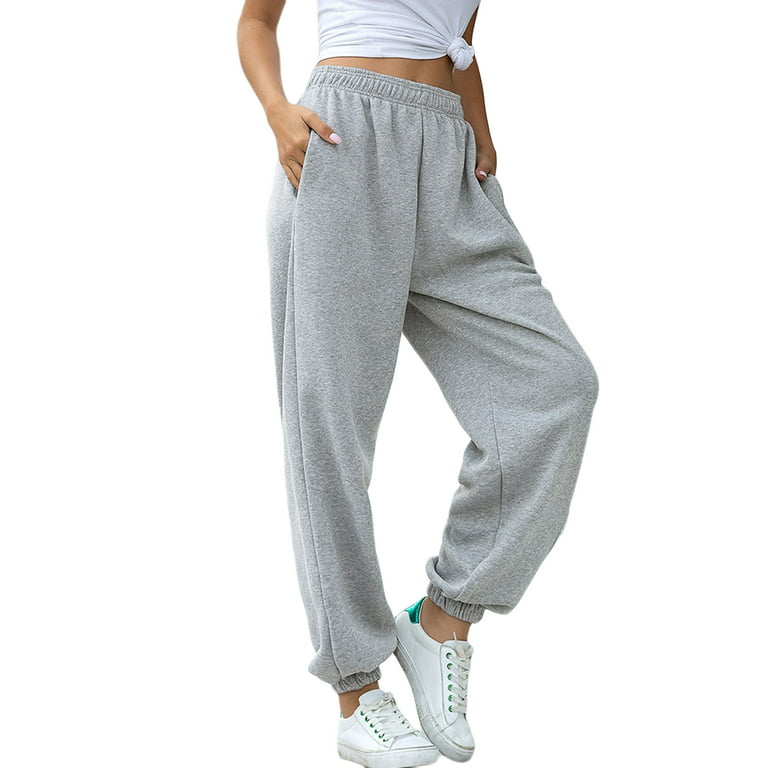 JYYYBF Fleece Baggy Sweatpants for Women Elastic High Waisted Casual Long  Joggers Trousers Workout Active Lounge Pants Grey S