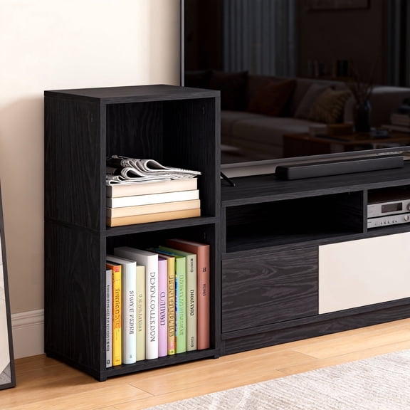 LEDREM 2-Tier Bookshelf with Adjustable Open Shelves, Tall Bookcase Space-Saving for Living Room Home Office, Ebony Black