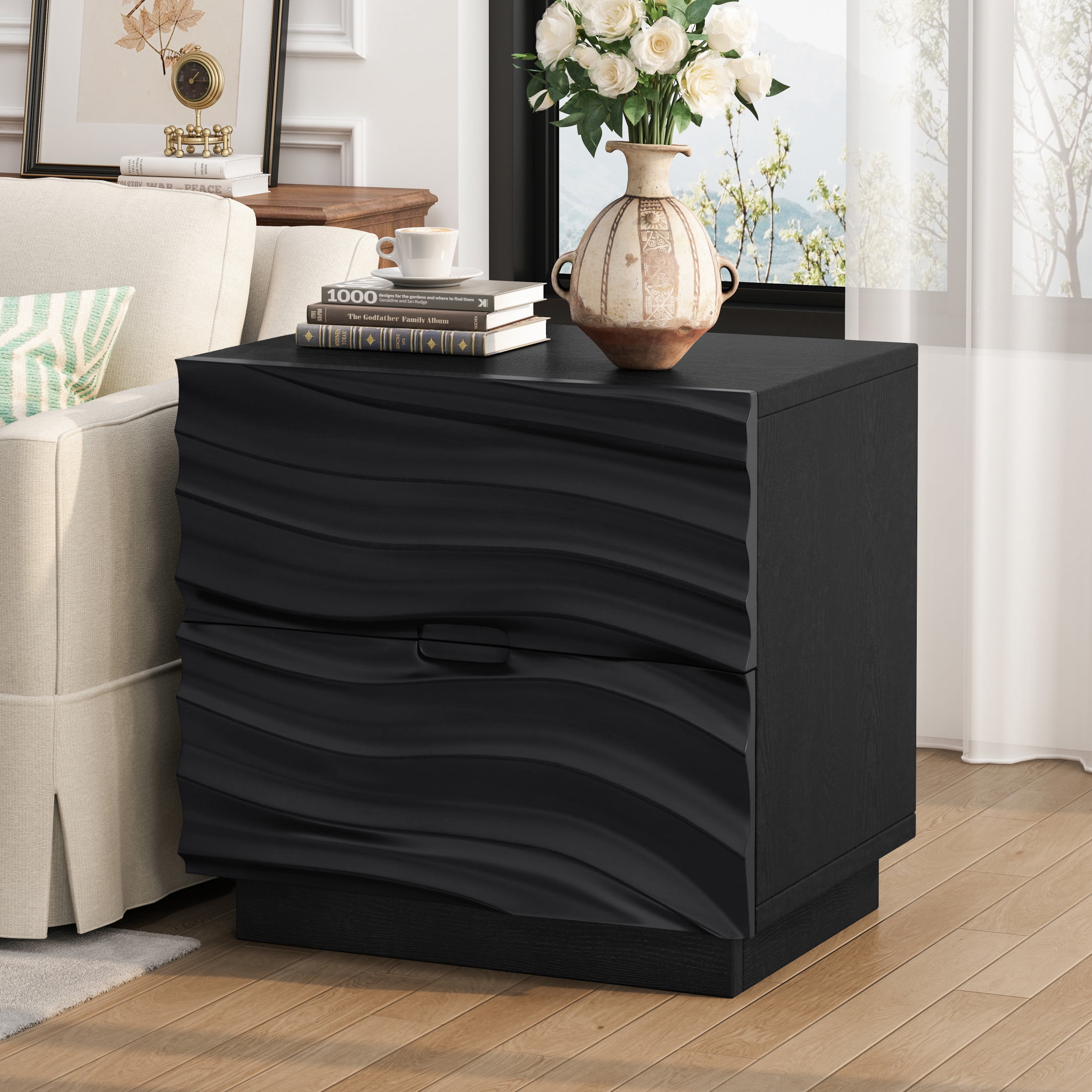 GDF Studio Solid Wood Nightstand with 2 Drawers, Handle-Free Design, Silent Metal Slides, Black