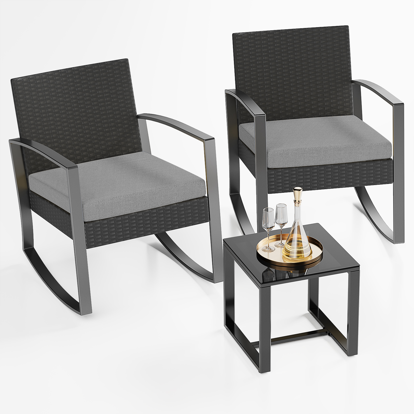 Lofka 3-Piece Patio Furniture Set, Outdoor Rocking Chairs with Thickened Cushions and Coffee Table for Garden, Balcony, Camping, Gray