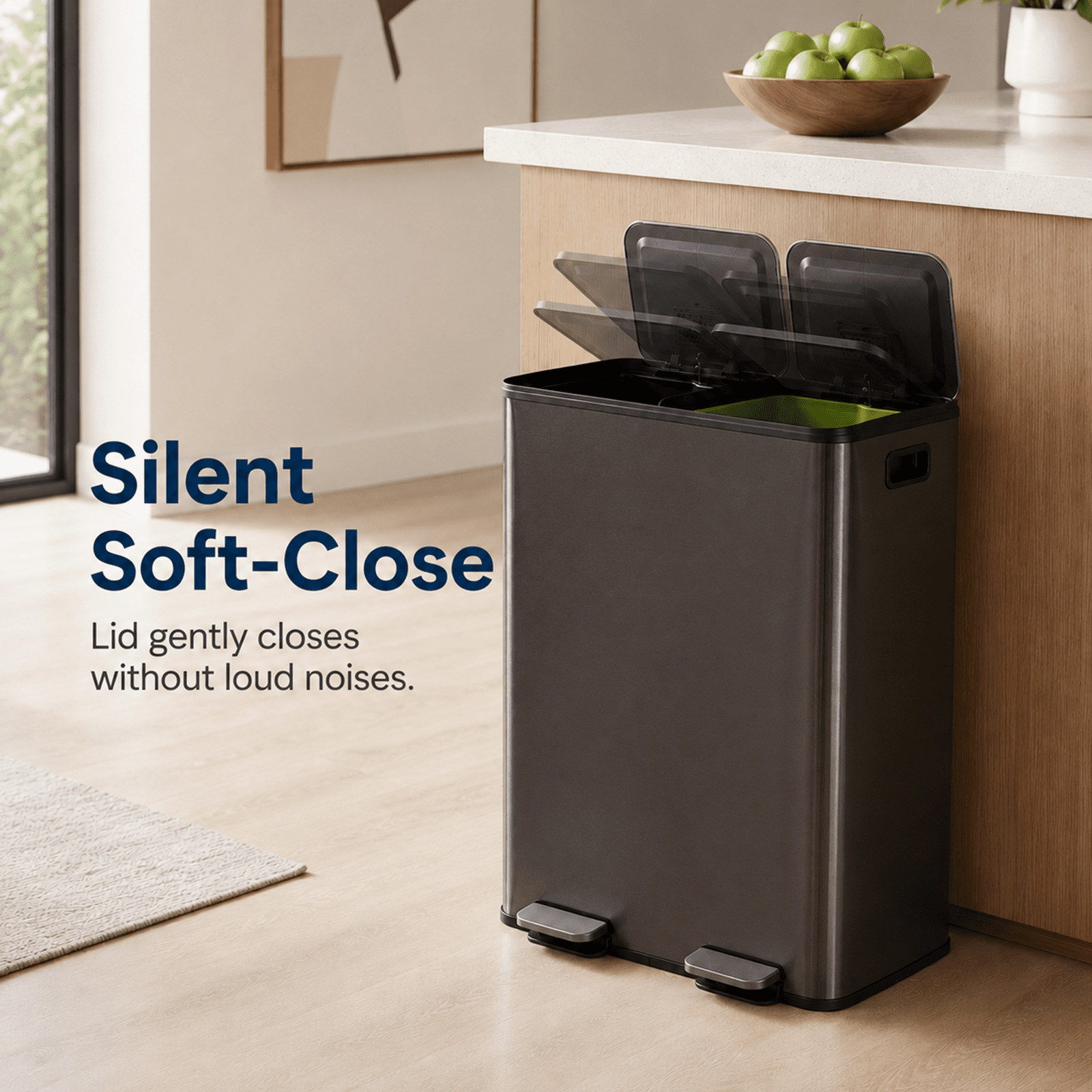 Alvantor Dual Bin Trash Can, 2 x 8 Gallon (2 x 30 L) Garbage Can for Kitchen, Soft-Close Lid and Removable Inner Buckets, Odor Control, Fingerprint-Resistant, Stainless Steel