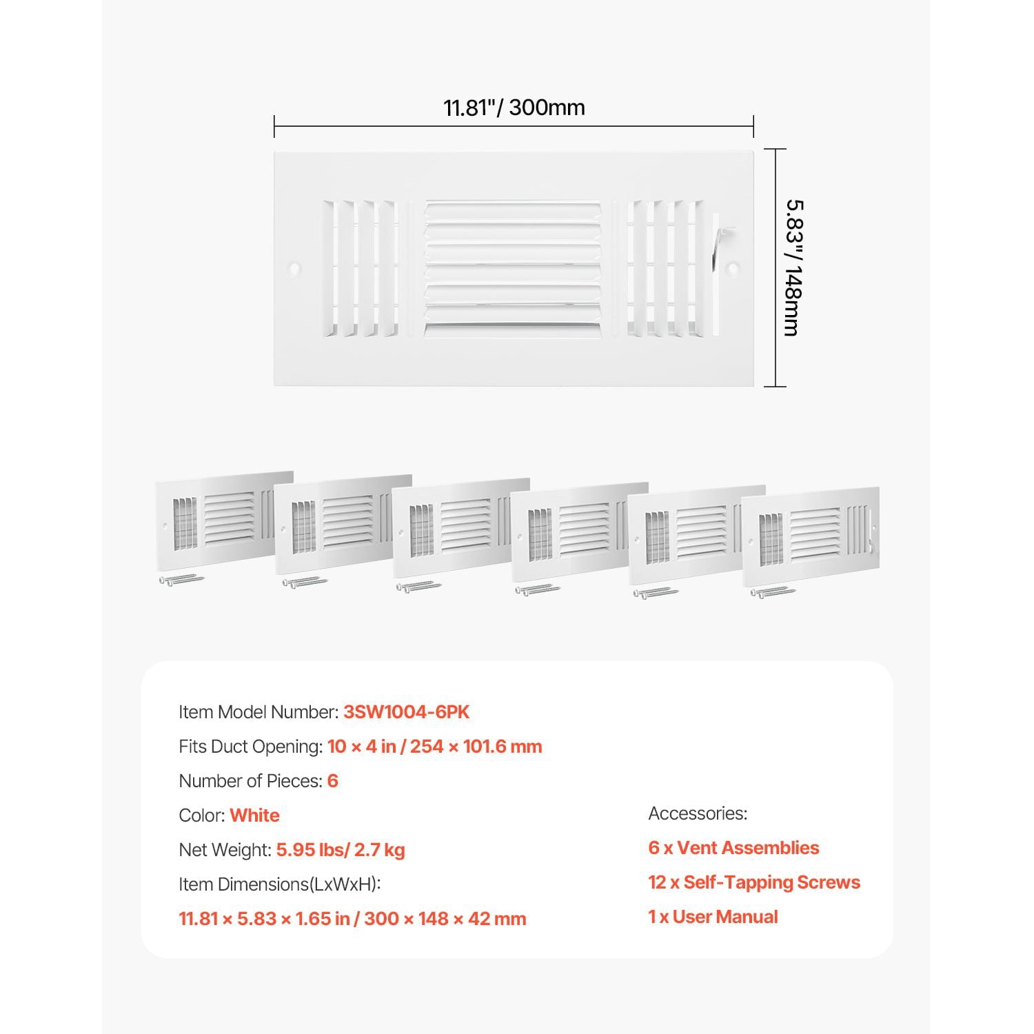 6-Pack Metal Floor Register 11.81" x 5.83" x 1.65", All-Metal Construction, Adjustable Deflectors, Screw Installation for Home Office Ventilation
