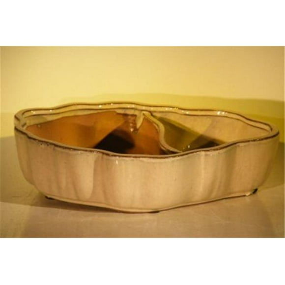9.5 x 7.5 x 2.25 in. Ceramic Bonsai Pot - Oval with Scalloped Edges - Land & Water Divider, Biege