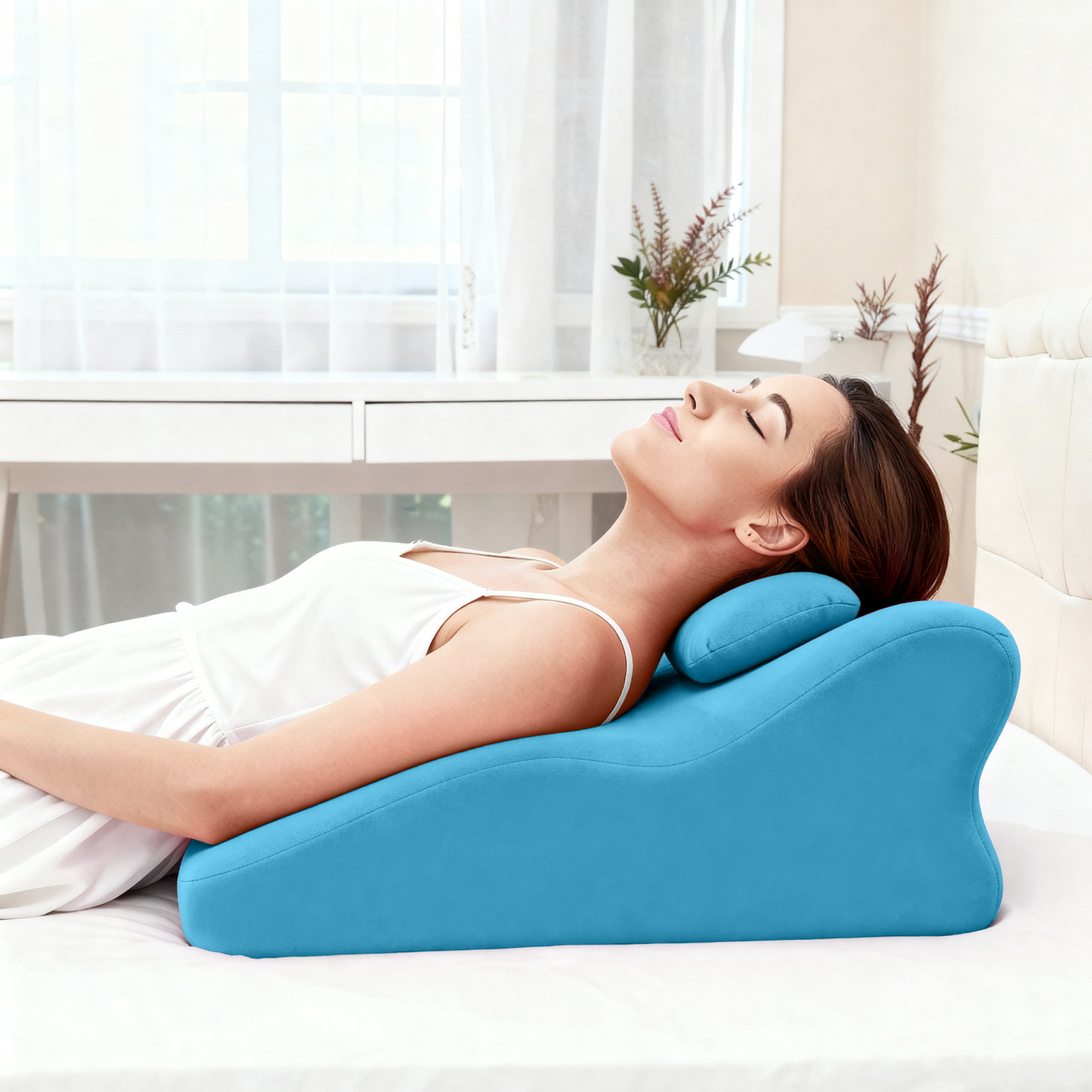 Muumblus Memory Foam Ergonomic Support Bed Pillow, Multi-Functional Wedge Pillow for Leg Elevation, Back & Lumbar Support, and Prone Reading with Removable Cover, Blue