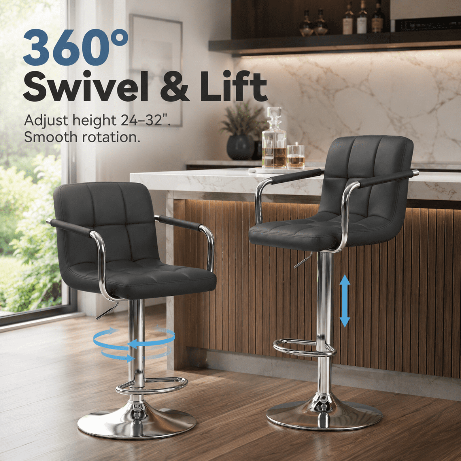 Alvantor 2-Pack Bar Stools, PU Leather Height Adjustable Swivel/ Arms Barstools, Hydraulic Kitchen Counter Height Bar Chairs, Made of Waterproof Polyurethane Leather Material