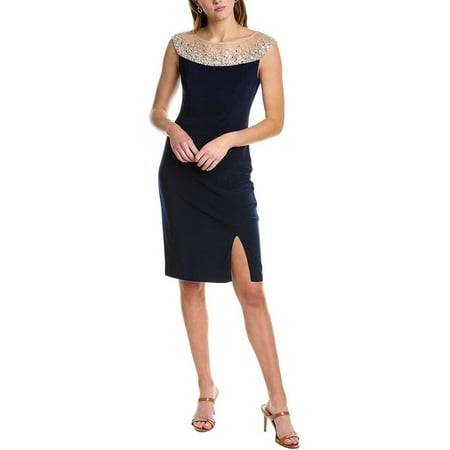 Adrianna Papell Boat Neck Short Sleeves Back Zipper Front Beaded Detail Short Crepe Dress-MIDNIGHT / 6