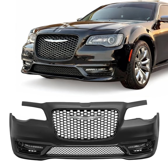 Ikon Motorsports Front Bumper Cover, Compatible with 2015-2023 Chrysler 300, 300S Style Unpainted Black PP Replacement Bumper Conversion with DRL, Fog Lights and Gloss Black Upper Lower Grille