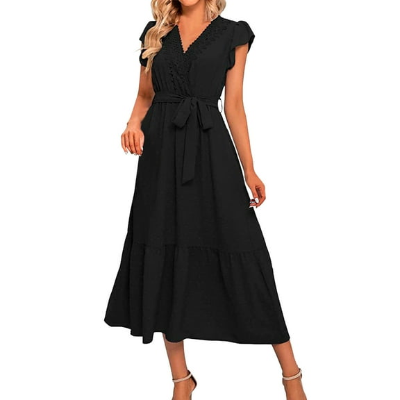 snowsong Summer Dress,Beach Dress Women Summer Bohemian Casual Wrap V Neck Ruffle Cap Sleeveless Belt A Line Pleated Hem Swing Midi Sun Dress Maxi Dress,Elegant Dresses,Work Dresses Black Dress L