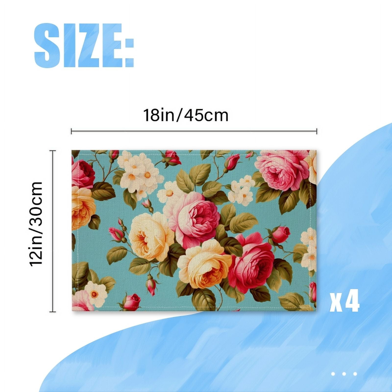 BaHomeck placemats Set of 4 rectangle Linen Cotton Placemats for Dining Table Washable Heat Resistant,18*12inch,Vintage Floral Pattern With Roses On Blue Background