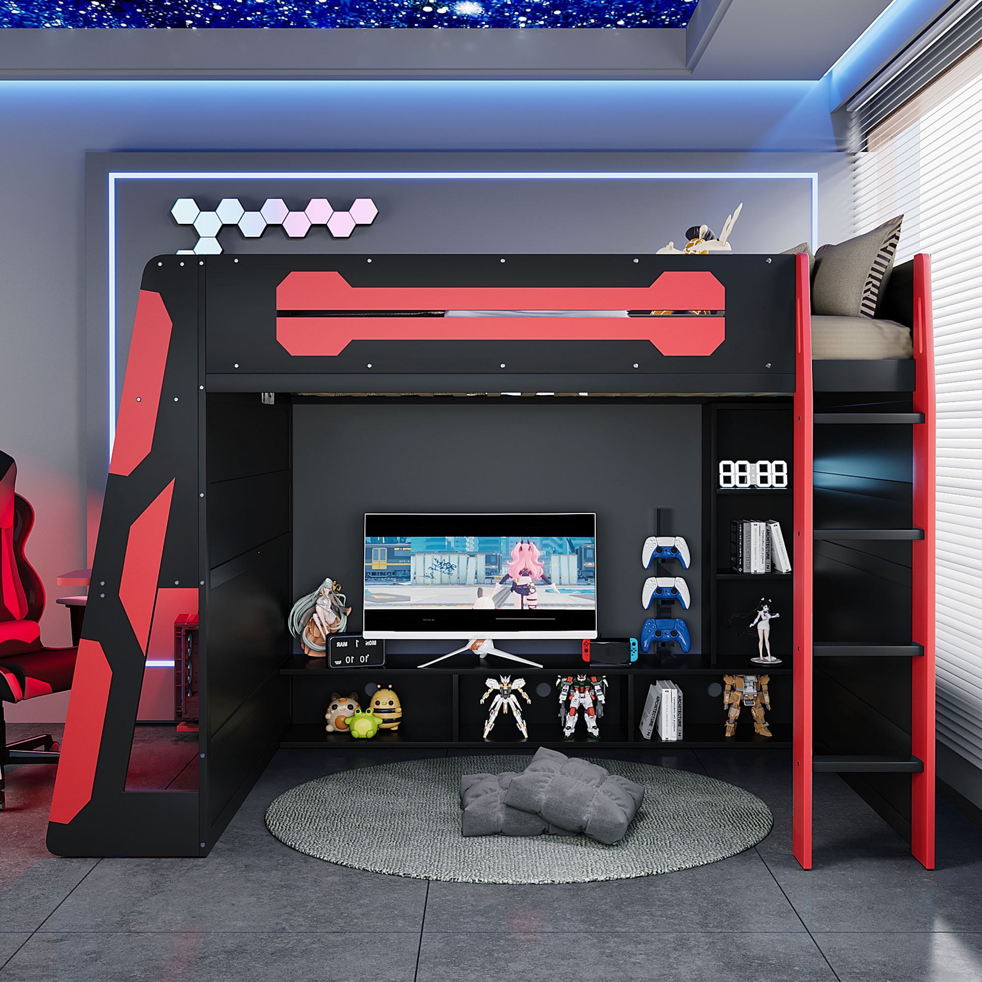 Mintazer Esports Full Size Loft Bed Frame with Gaming Desk & RGB Lights, Gaming Loft Bed with Open Storage Shelves & Charge Station for Teen Boys Bedroom, Red
