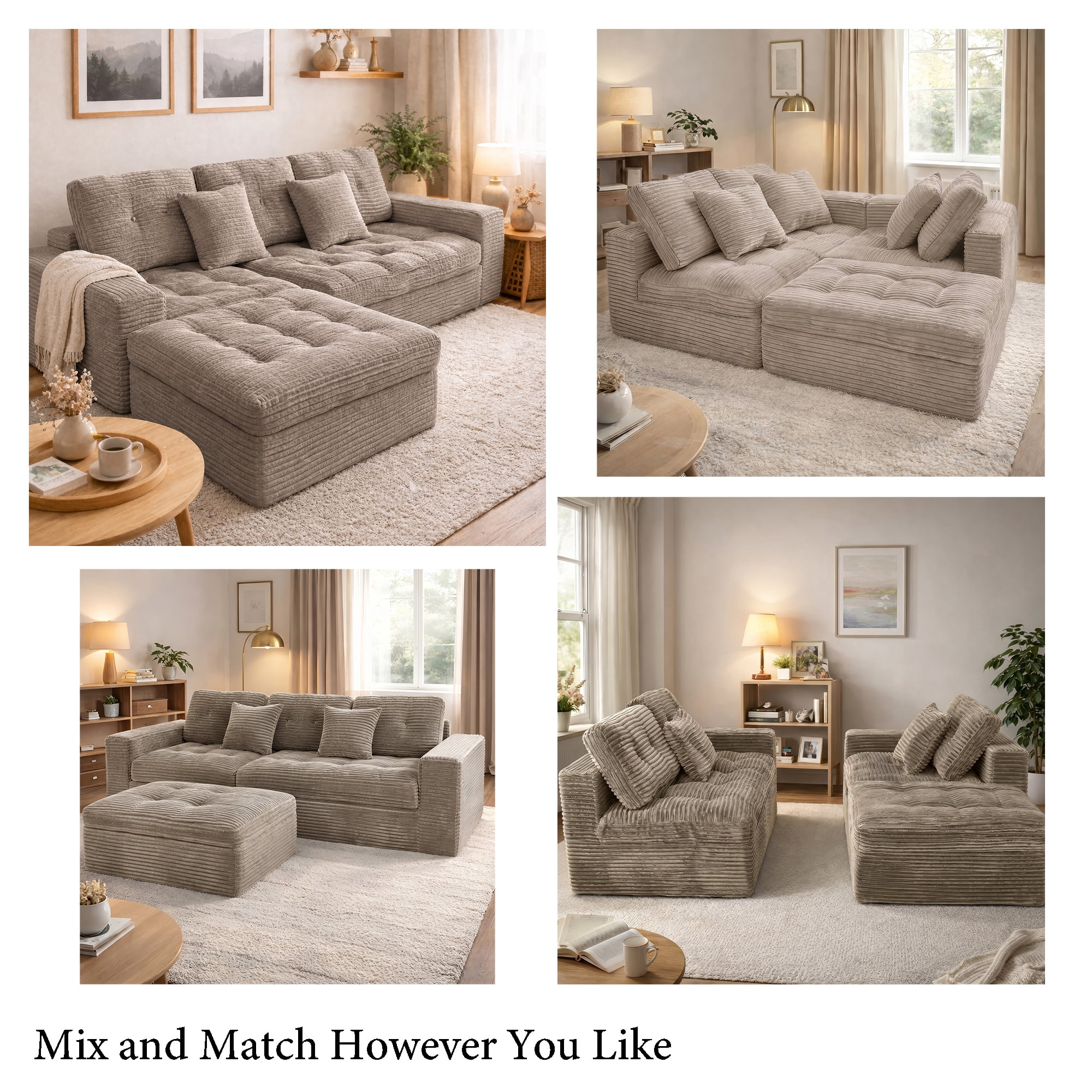 Aisword 105"W Modular Cloud Sectional Sofa with Ottoman,Faux Rabbit Fur Velvet Frameless Sectional Sofa Couch for Living Room,Khaki