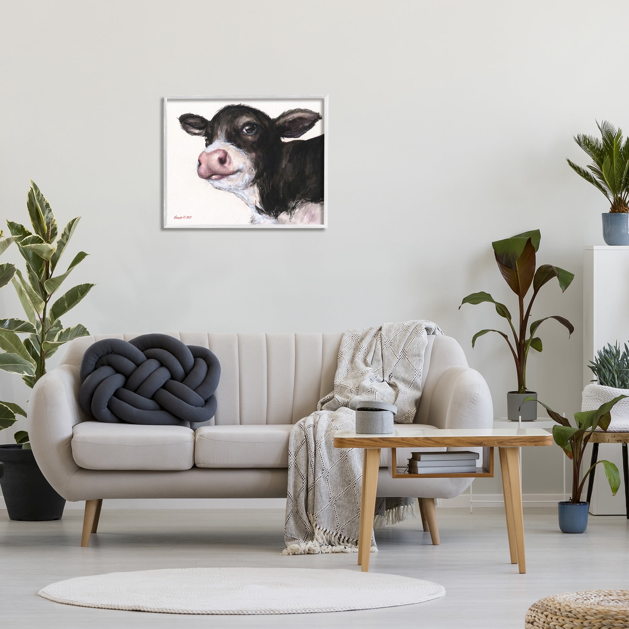 Stupell Industries Cow Calf Minimal Painting Animals & Insects Painting White Framed Art Print Wall Art, 30 x 24